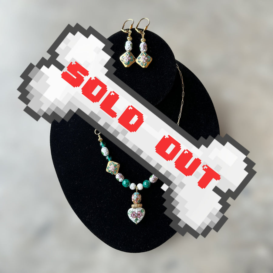 vintage enamel and cloisonné necklace and earring set, green, white and gold