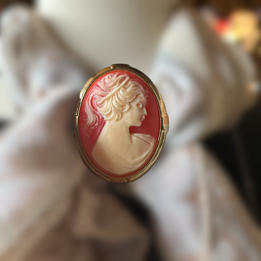 vintage gold-tone cameo scarf clip, carved shell