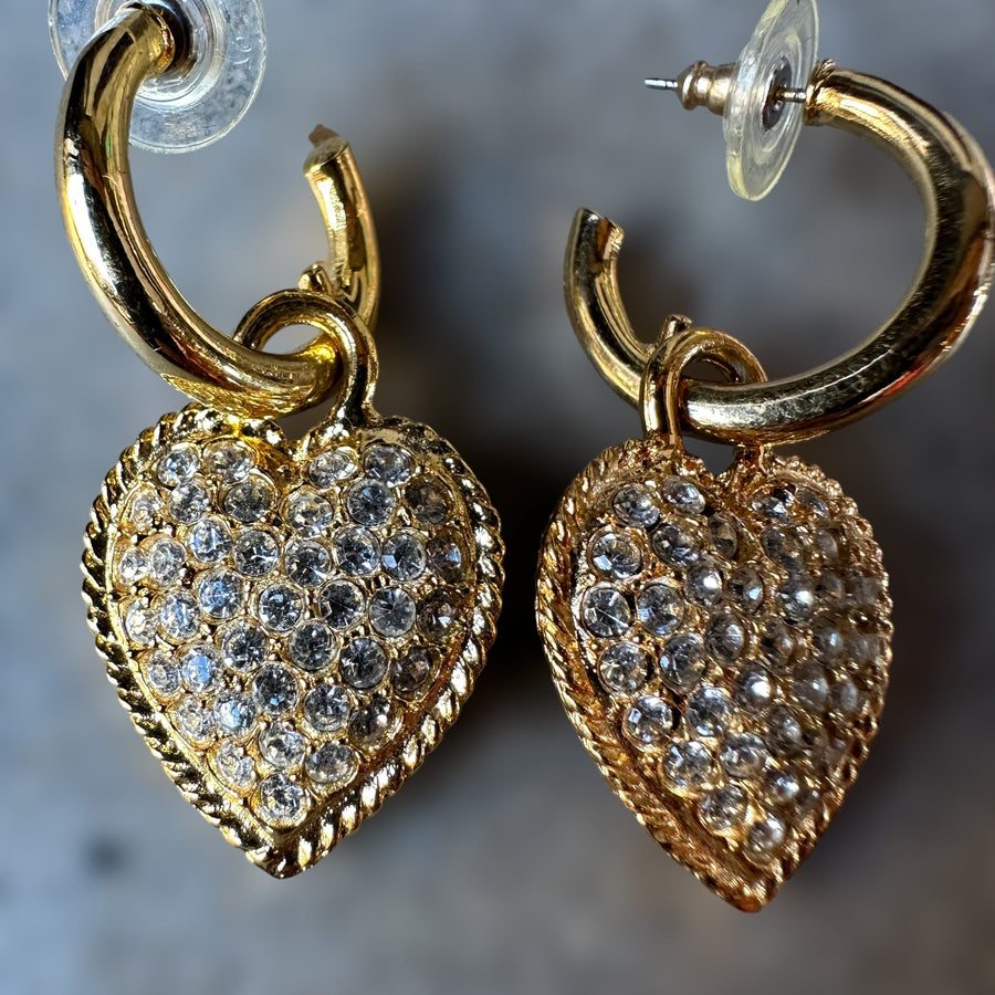 vintage gold-tone rhinestone heart hoop dangle earrings, large
