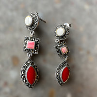 vintage sterling silver dangle earrings with shiva shell, rhodochrosite, and red coral