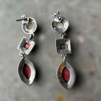 vintage sterling silver dangle earrings with shiva shell, rhodochrosite, and red coral