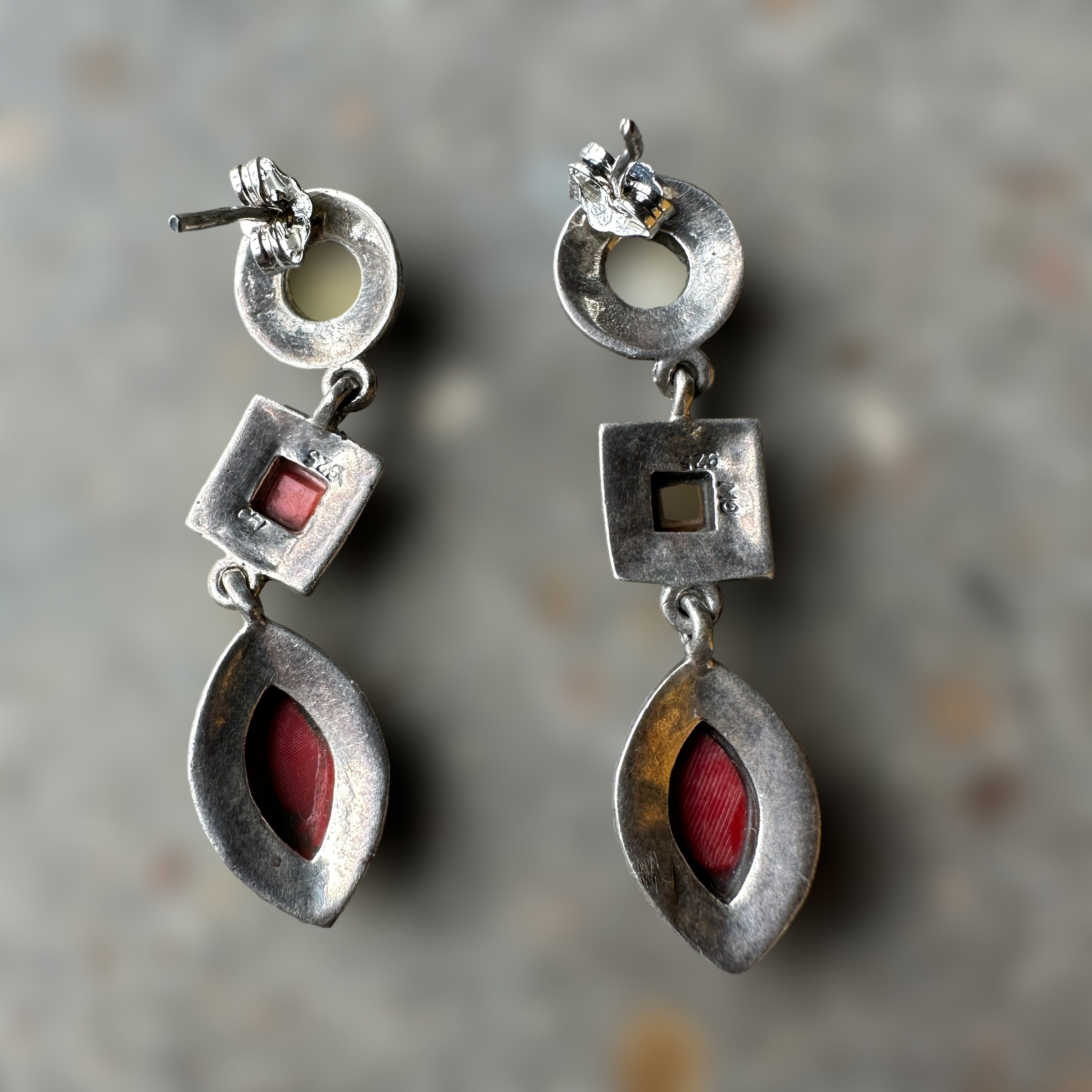 vintage sterling silver dangle earrings with shiva shell, rhodochrosite, and red coral