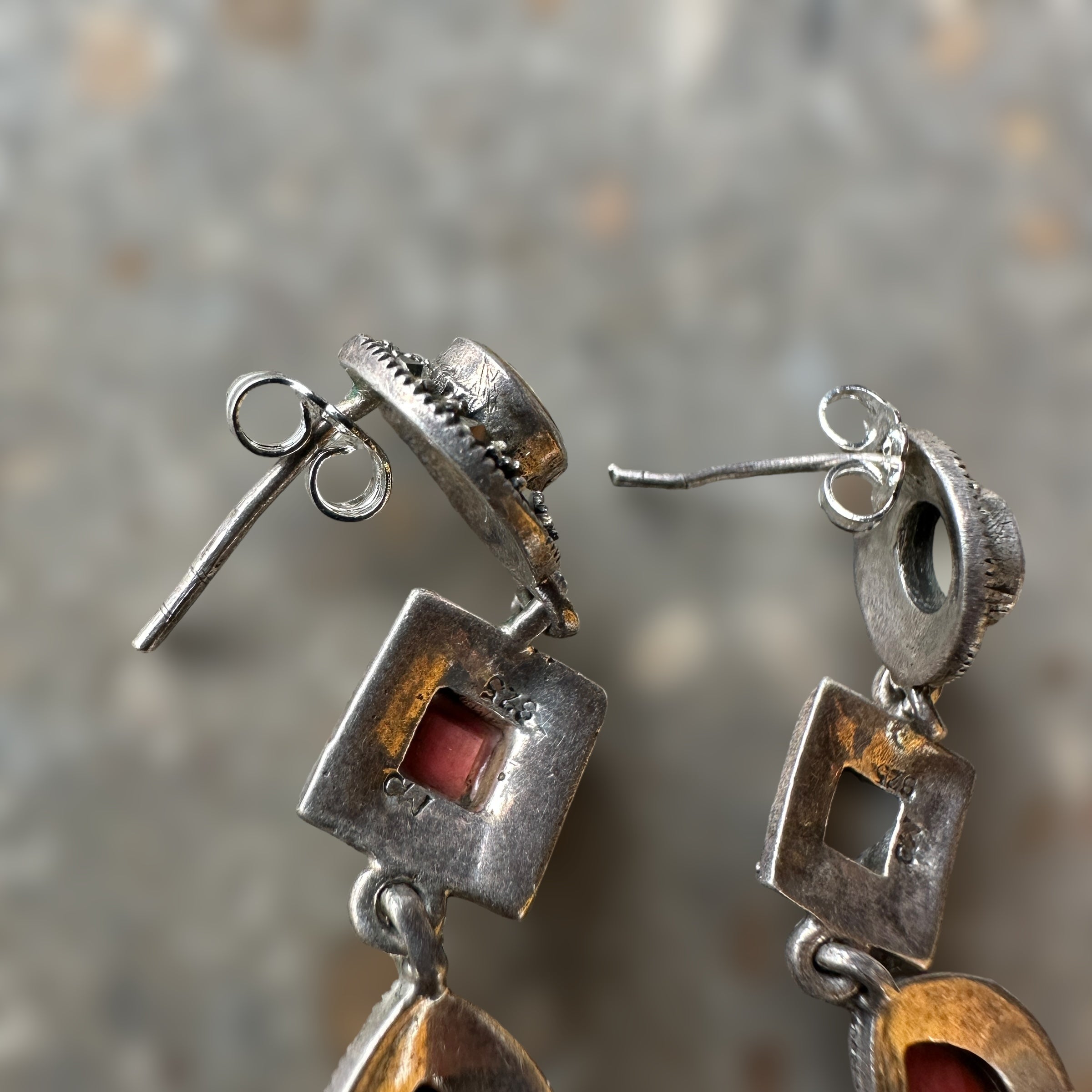 vintage sterling silver dangle earrings with shiva shell, rhodochrosite, and red coral