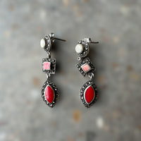 vintage sterling silver dangle earrings with shiva shell, rhodochrosite, and red coral