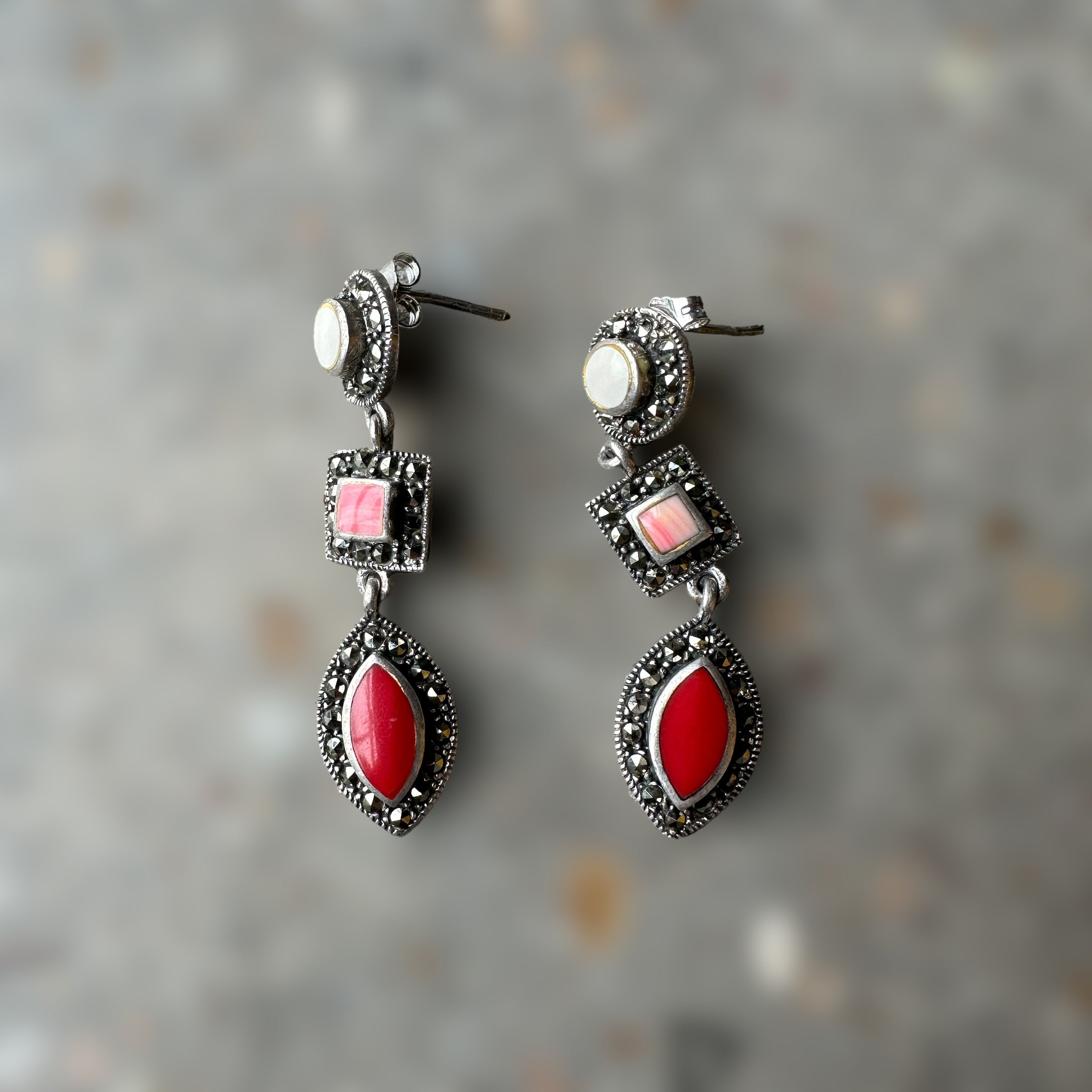 vintage sterling silver dangle earrings with shiva shell, rhodochrosite, and red coral