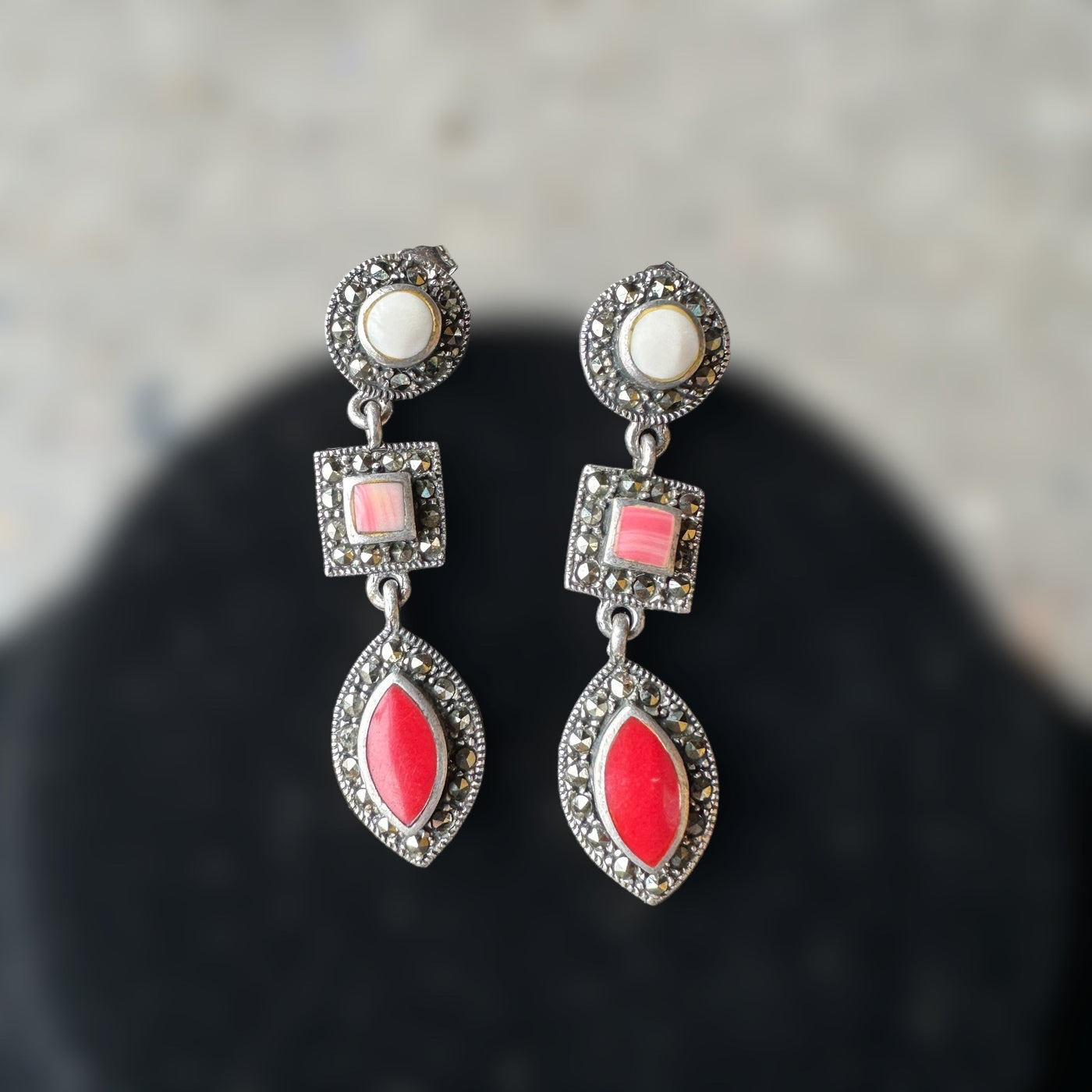 vintage sterling silver dangle earrings with shiva shell, rhodochrosite, and red coral