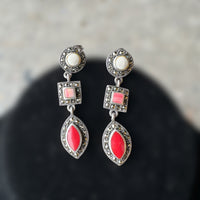 vintage sterling silver dangle earrings with shiva shell, rhodochrosite, and red coral